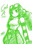  breasts call_(mighty_no._9) call_a dated goggles goggles_on_head headgear medium_breasts mighty_no._9 monochrome robot short_hair signature sketch solo striped_sleeves zilhouette 