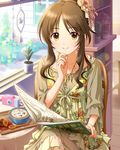  bird birdcage book brown_hair cage camera chair coffee cookie cup drape food hair_ornament hand_on_own_chin idolmaster idolmaster_cinderella_girls indoors jewelry jpeg_artifacts light_smile long_hair looking_at_viewer necklace official_art ponytail saucer shelf sitting solo sun table takamori_aiko window yellow_eyes 