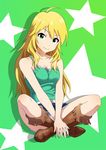  ahoge blonde_hair boots breasts cleavage cowboy_boots crossed_legs denim denim_shorts green_eyes hoshii_miki idolmaster idolmaster_(classic) long_hair looking_at_viewer medium_breasts shorts sitting smile solo star sunsun69 v_arms 