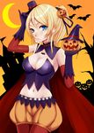  ayase_eli blonde_hair blue_eyes breasts candy cleavage elbow_gloves food gloves hat jack-o'-lantern lollipop long_hair love_live! love_live!_school_idol_project medium_breasts midriff mini_hat mini_top_hat navel pantyhose pumpkin_shorts simon_(n.s_craft) solo top_hat 