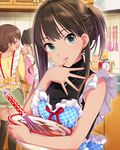  apron black_hair chocolate chocolate_making cooking earrings finger_licking food food_on_face frilled_apron frills green_eyes hands holding honda_mio idolmaster idolmaster_cinderella_girls jewelry jpeg_artifacts kitchen kitchen_scale licking long_hair looking_at_viewer mixing_bowl multiple_girls official_art pendant plaid ponytail pure_valentine_(idolmaster) shibuya_rin shimamura_uzuki sleeveless sleeveless_turtleneck tongue turtleneck valentine weighing_scale whisk 