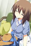  bad_id bad_pixiv_id bag brown_hair closed_eyes couch cushion hagiwara_yukiho hamster hamuzou handbag hat highres idolmaster idolmaster_(classic) open_mouth ribbon short_hair sitting sleeping sparkle yunotimo 