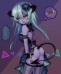  aqua_hair arm_garter ass bad_id bad_pixiv_id black_sclera boned_meat d: demon_tail dress drooling fang fishnet_legwear fishnets food garter_belt hair_ornament horns meat no_panties open_mouth original purple_skin saliva solo tail thighhighs thought_bubble tsukikage_nemu wrist_cuffs yellow_eyes 