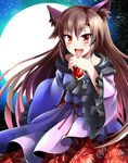  absurdres animal_ears blush brooch brown_hair dress e.o. full_moon highres imaizumi_kagerou jewelry long_hair long_sleeves moon night night_sky open_mouth red_eyes sky smile solo star star_(sky) starry_sky tongue tongue_out touhou wide_sleeves wolf_ears 