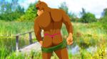  5_fingers anthro back back_turned bear biceps big_muscles black_nose brown_fur brown_skin butt clothing fabfelipe fur grizzly_bear looking_at_viewer looking_back male mammal muscles outside pants pants_down shorts smile solo standing thong topless undressing 