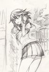  drinking drinking_straw graphite_(medium) highres juice_box kill_la_kill kurose_kousuke looking_back matoi_ryuuko school_uniform serafuku sketch skirt solo traditional_media 