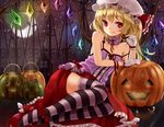  bare_shoulders bat blonde_hair bow camisole choker cookie crescent_moon flandre_scarlet food gloves halloween hat hat_ribbon highres jack-o'-lantern legs_together lolita_fashion looking_at_viewer lying moon night night_sky on_side red_eyes ribbon shironeko_yuuki short_hair side_ponytail skirt sky smile solo star star_(sky) starry_moon starry_sky strap_slip striped striped_legwear thighhighs touhou white_gloves wings 