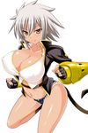  belt blazblue blazblue:_chronophantasma breasts bullet_(blazblue) cleavage covered_nipples denim denim_shorts fingerless_gloves gauntlets gloves highres huge_breasts konno_tohiro navel short_hair short_shorts shorts silver_hair simple_background smile solo white_background yellow_eyes 