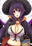  :d basket blush breasts candy cape cleavage cu-no elbow_gloves food full-face_blush full_moon glasses gloves halloween hat hisenkaede kokonoe_tamaki large_breasts long_hair looking_at_viewer midriff moon navel official_art open_mouth pince-nez purple_eyes purple_hair shiny shiny_skin smile witch_hat 