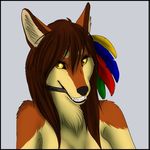  anthro avatar big_ears brown_fur brown_hair bust canine feathers female fur grin hair hairclip hashire hybrid icon iluq large_ears mammal pen red_wolf solo stylus teasing teeth wolf yellow_eyes 