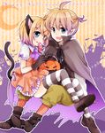  1girl :q animal_ears aqua_eyes bad_id bad_pixiv_id black_gloves blonde_hair blush brother_and_sister candy cape cat_ears cat_tail dress earrings fang food gloves hair_ornament hairclip halloween jewelry kagamine_len kagamine_rin lollipop noki_(potekoro) open_mouth pointy_ears puffy_sleeves short_hair short_sleeves siblings sitting sitting_on_lap sitting_on_person skirt smile striped striped_legwear swirl_lollipop tail thighhighs tongue tongue_out twins vocaloid 