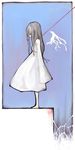 barefoot dress full_body long_hair looking_down original profile red_string sad solo standing string travo very_long_hair white_dress wings 