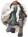  az_(pokemon) bag beanie black_gloves cap coat fingerless_gloves frown gloves hair_over_one_eye hat jewelry key kneeling long_hair lowres male male_focus necklace nintendo official_art poke_ball pokemon pokemon_(game) pokemon_xy scarf white_hair 