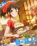  ;q apron beamed_eighth_notes blue_eyes blush brown_hair card_(medium) character_name cooking food idolmaster idolmaster_million_live! licking_lips looking_at_viewer musical_note official_art one_eye_closed ponytail pot satake_minako solo tongue tongue_out 