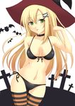  :p bikini blonde_hair collar green_eyes halloween hat long_hair minatsuki_nao original solo swimsuit thighhighs tongue tongue_out witch_hat 