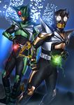  belt cityscape gloves glowing highres kamen_rider kamen_rider_kabuto_(series) kamen_rider_kick_hopper kamen_rider_punch_hopper mask multiple_boys night night_sky sky suzume_inui 