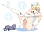  aqua_eyes backless_swimsuit black_cat blonde_hair cat dixie_cup_hat dressing elbow_gloves gloves hat k_do kneehighs military_hat no_shoes original ribs sailor_hat short_hair single_horizontal_stripe solo swimsuit white_hat white_legwear 