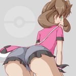  ass bag bent_over blush brown_hair from_behind green_eyes kuro_(be_ok) long_hair looking_back open_mouth poke_ball poke_ball_print pokemon pokemon_(game) pokemon_xy quad_tails sana_(pokemon) short_shorts shorts simple_background solo twintails 