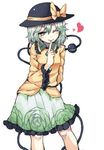  bow finger_to_mouth green_hair hat hat_bow heart komeiji_koishi one_eye_closed skirt smile solo third_eye touhou yunuki_uta 