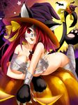  absurdres animal_ears bad_id bad_pixiv_id bandages bat breasts bug bug_(artist) candy cat_ears cat_tail cleavage ears_through_headwear food gloves halloween hat highres jack-o'-lantern large_breasts lollipop long_hair looking_at_viewer mouth_hold naked_bandage original paw_gloves paw_shoes paws red_eyes red_hair shoes silk smile solo spider spider_web tail witch_hat 