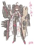  ahoge battleship boots brown_hair cannon detached_sleeves fujieda_miyabi hairband high_heels highres japanese_clothes kantai_collection kongou_(kantai_collection) long_hair military military_vehicle nontraditional_miko red_eyes ship skirt smile solo thigh_boots thighhighs turret warship watercraft wide_sleeves 