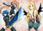  3girls asia_argento blonde_hair blue_eyes blue_hair bodysuit breasts breasts_outside brown_hair gold_eyes high_school_dxd large_breasts long_hair miyama-zero multiple_girls nipples official_art purple_eyes shidou_irina short_hair sword thighhighs twintails weapon wings xenovia_(high_school_dxd) yellow_eyes zettai_ryouiki 