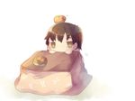  bad_id bad_pixiv_id balancing_on_head blush brown_eyes brown_hair chibi food food_on_head fruit kaga_(kantai_collection) kantai_collection kotatsu masirosu object_on_head side_ponytail solo table white_background 