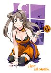  &gt;:) argyle argyle_legwear bare_shoulders bat black_legwear blush bow breasts brown_eyes brown_hair choker cleavage crescent dress hair_bow halloween happy_halloween highres jack-o'-lantern long_hair love_live! love_live!_school_idol_project medium_breasts minami_kotori night night_sky pumpkin sky smile solo tachibana_roku thighhighs v-shaped_eyebrows wand window wrist_cuffs 