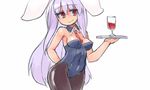  animal_ears bad_id bad_twitter_id black_legwear blush breasts bunny_ears bunnysuit cleavage closed_mouth cocktail lavender_hair long_hair medium_breasts mikan_riji pantyhose red_eyes reisen_udongein_inaba solo touhou tray very_long_hair 