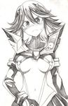  blush breasts graphite_(medium) highres kill_la_kill kurose_kousuke matoi_ryuuko medium_breasts monochrome navel senketsu short_hair sketch solo suspenders traditional_media underboob 