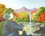  backpack bad_id bad_pixiv_id bag blue_eyes blue_hair boots dress forest hair_bobbles hair_ornament hat kawashiro_nitori landscape long_sleeves looking_away mountain nature pocket river rock rubber_boots scenery shiratama_(hockey) shirt short_hair short_twintails sitting skirt skirt_set sky smile solo touhou tree twintails two_side_up water waterfall youkai_mountain 