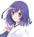  blush brown_eyes hair_ribbon japanese_clothes long_hair mikaki_mikako purple_hair ribbon smile solo tokyo_ravens tsuchimikado_natsume 