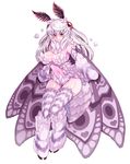  antennae blush breasts cleavage fluffy insect_girl kenkou_cross large_breasts mamono_girl_lover midriff monster_girl monster_girl_encyclopedia moth moth_girl mothman_(mamono_girl_lover) navel red_eyes thighhighs thighs white_hair wings 