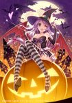  ;d an2a bare_shoulders bat bat_wings black_gloves breasts cleavage corset divine_grimoire elbow_gloves gloves halloween hat heart jack-o'-lantern large_breasts long_hair looking_at_viewer one_eye_closed open_mouth original purple_hair sitting smile solo striped striped_legwear thighhighs wand wings witch witch_hat 