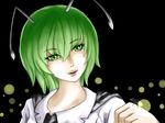  antennae black_background bug cape fireflies firefly green_eyes green_hair hand_up head_tilt highres insect kazu_(rakugakino-to) looking_at_viewer parted_lips short_hair simple_background solo touhou upper_body wriggle_nightbug 