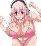  bikini breasts front-tie_top headphones huge_breasts leaning_forward long_hair looking_at_viewer nitroplus open_mouth pink_hair ponzu_yuki red_eyes simple_background solo super_sonico swimsuit untied white_background 