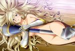  absurdres ajiki_kei armor blonde_hair blue_eyes celia_kumani_entory gauntlets groin highres lance long_hair lying non-web_source nude nyantype official_art on_back polearm solo very_long_hair walkure_romanze weapon 