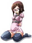  arms_behind_back bdsm bondage bound brown_hair gag gagged glasses gundam gundam_build_fighters hachikumo improvised_gag kousaka_china panties shibari shibari_over_clothes short_hair solo tape tape_gag thighhighs underwear 