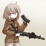  ahoge ak-109 angled_foregrip assault_rifle bad_id bad_pixiv_id blush commentary folding_stock grey_hair gun holding holding_gun holding_weapon ikune_juugo jacket long_sleeves looking_at_viewer magazine_(weapon) original red_eyes reloading rifle sling smile solo trigger_discipline weapon 
