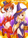  :o ass bare_shoulders blonde_hair blue_eyes blush boots brown_hair costume elbow_gloves english fate_testarossa gloves hair_down halloween hat jack-o'-lantern leotard long_hair lyrical_nanoha mahou_shoujo_lyrical_nanoha mini_hat mini_top_hat multiple_girls navel navel_cutout nishi_kita red_eyes red_leotard smile star sweatdrop takamachi_nanoha thigh_boots thighhighs top_hat trick_or_treat twintails witch_hat 