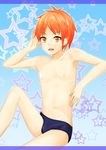  1boy blush briefs bulge child cululinn highres male male_focus navel nipples open_mouth red_eyes red_hair short_hair simple_background sitting solo star stars tyuurippo underwear 