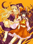  :p ankle_boots apron ascot blonde_hair boots bow braid brown_hair candy crescent_moon crossed_arms food hair_bow hair_tubes hakurei_reimu halloween hat hat_ribbon highres jack-o'-lantern kirisame_marisa leg_up lollipop long_hair long_sleeves looking_at_viewer midriff moon multiple_girls navel open_mouth orange_eyes purple_eyes ribbon single_braid skirt skirt_set smile star swirl_lollipop tm-pika tongue tongue_out touhou two-tone_background waist_apron witch_hat 