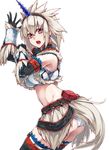  ass bad_id bad_pixiv_id blush breasts earrings elbow_gloves gloves hairband horn jewelry kirin_(armor) large_breasts midriff monster_hunter open_mouth panties red_eyes ruuto_(sorufu) simple_background solo thighhighs underwear white_background white_hair 