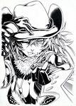  6j-k-en1223 ;p absurdres breasts cleavage cowboy_hat gloves hat highres kagura_(oneechanbara) large_breasts long_hair looking_at_viewer monochrome one_eye_closed oneechanbara solo sword tongue tongue_out weapon western 