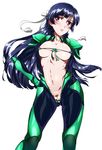  absurdres areolae bangs bikini black_hair blunt_bangs blush bodysuit breasts covered_nipples front-tie_top green_bikini hair_ribbon half_updo hand_on_hip highres kakumeiki_valvrave long_hair looking_at_viewer micro_bikini navel niko_(tama) open_clothes purple_eyes ribbon rukino_saki simple_background small_breasts solo swimsuit white_background 