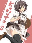  :d apron black_legwear blush brown_hair character_name highres koku looking_at_viewer mirai_nostalgia open_mouth sanada_kanata short_hair smile solo thighhighs tray waitress 