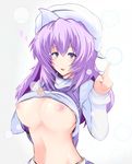  1girl areolae breasts female hat highres kouseki kouseki0024 large_breasts letty_whiterock long_hair nipples purple_eyes purple_hair shirt_lift small_nipples snow snowing solo standing touhou upper_body 