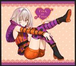  androgynous arrow_through_heart bad_id bad_twitter_id boots border detached_sleeves erubo flower food frame hair_flower hair_intakes hair_ornament halloween heart kneehighs looking_at_viewer male_focus marshmallow mismatched_legwear mouth_hold one_eye_closed original otoko_no_ko polka_dot polka_dot_legwear purple_legwear red_eyes short_hair silver_hair solo striped striped_legwear thighhighs trick_or_treat yohane_bonaventura 