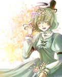  artist_name closed_eyes commentary_request dated dress flower green_dress green_hair hair_flower hair_ornament hat laughing maeda_hama open_mouth short_hair smile soga_no_tojiko solo tate_eboshi touhou 