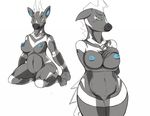  anthro anthrofied areola big_breasts black_nose blue_eyes blue_nipples breast_lift breasts equine female frown fur grey_fur hand_on_breasts hand_on_chest hi_res looking_down mammal navel nintendo nipples nude plain_background pok&#233;mon pok&eacute;mon raised_arm rheumatism shadow shiny sitting solo standing video_games white_background white_fur wide_hips yellow_eyes zebra zebstrika 